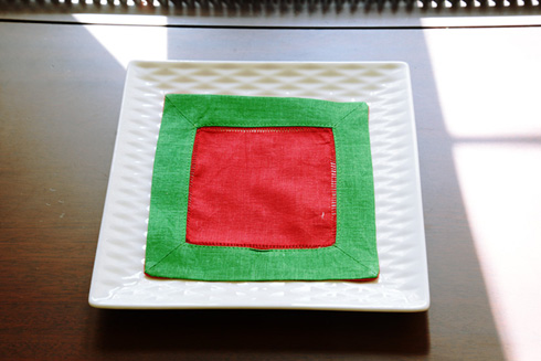 Multicolor Hemstitch Cocktail Napkin 6"; Red & Kelly Green - Click Image to Close